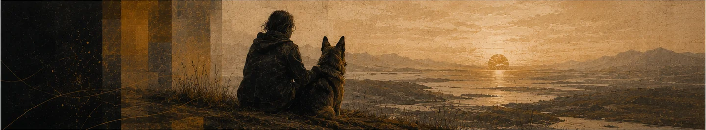 Christopher Carazas and Shadow seated together overlooking an amber landscape at sunset