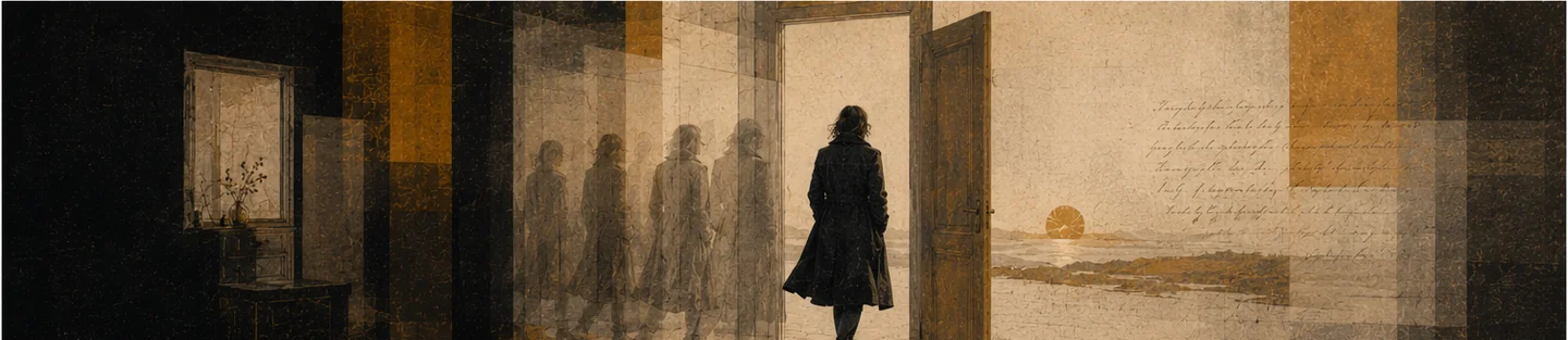 A repeated figure moves from a dark interior toward an open door and amber horizon