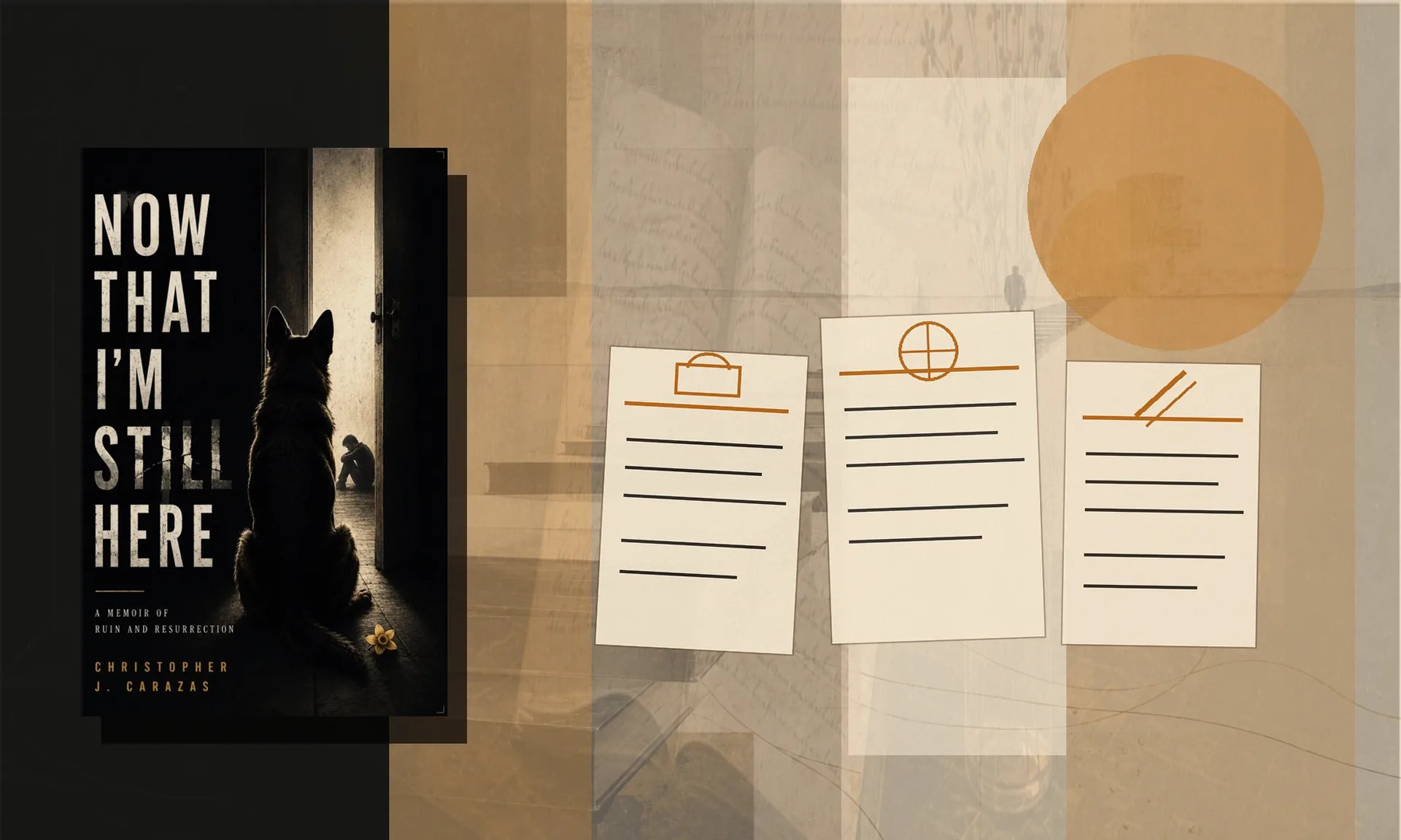 The physical memoir stands beside three layered paper purchase inserts in an amber and charcoal collage