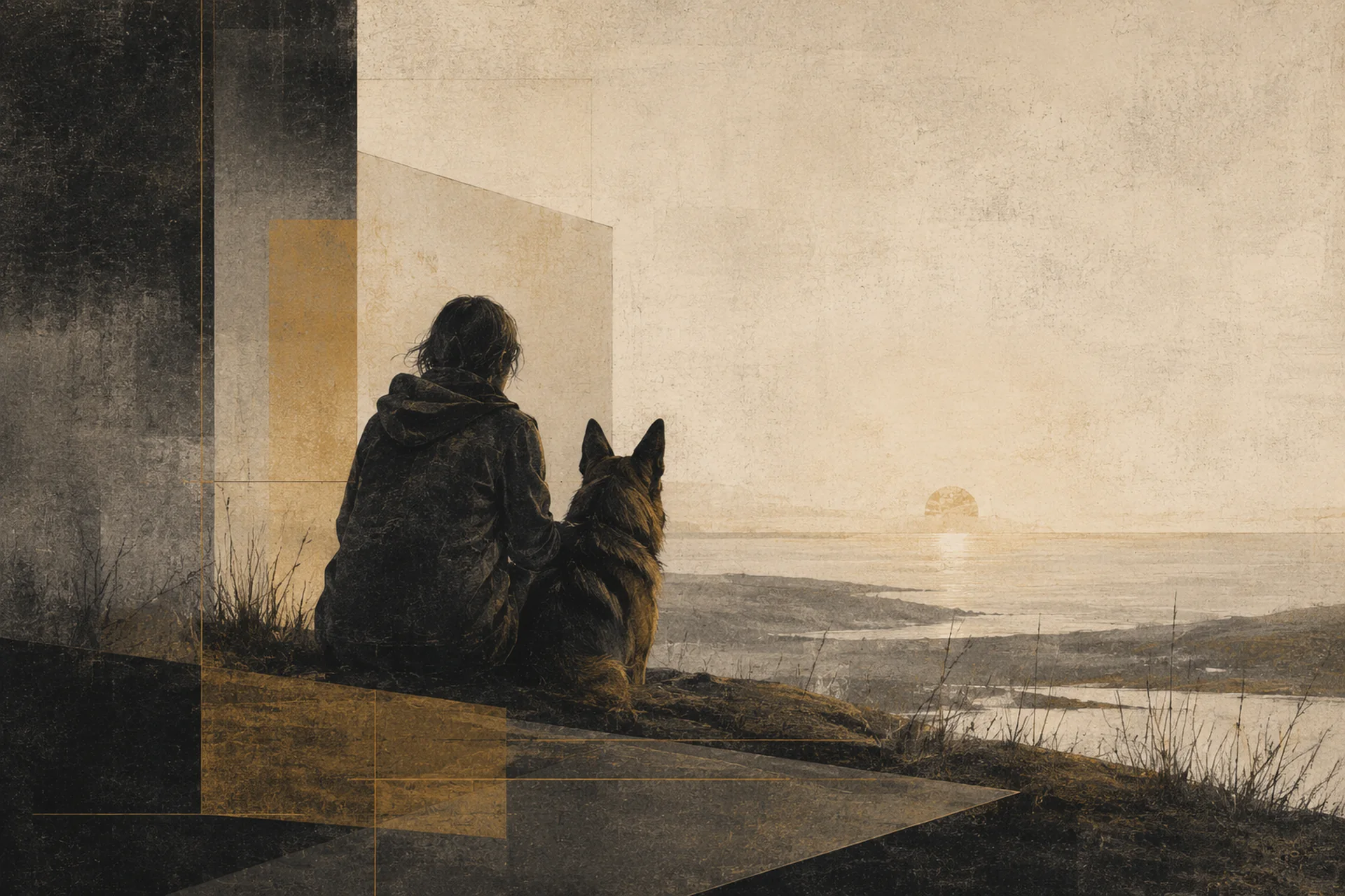 A person and a German Shepherd sit together facing an amber horizon in a layered paper collage