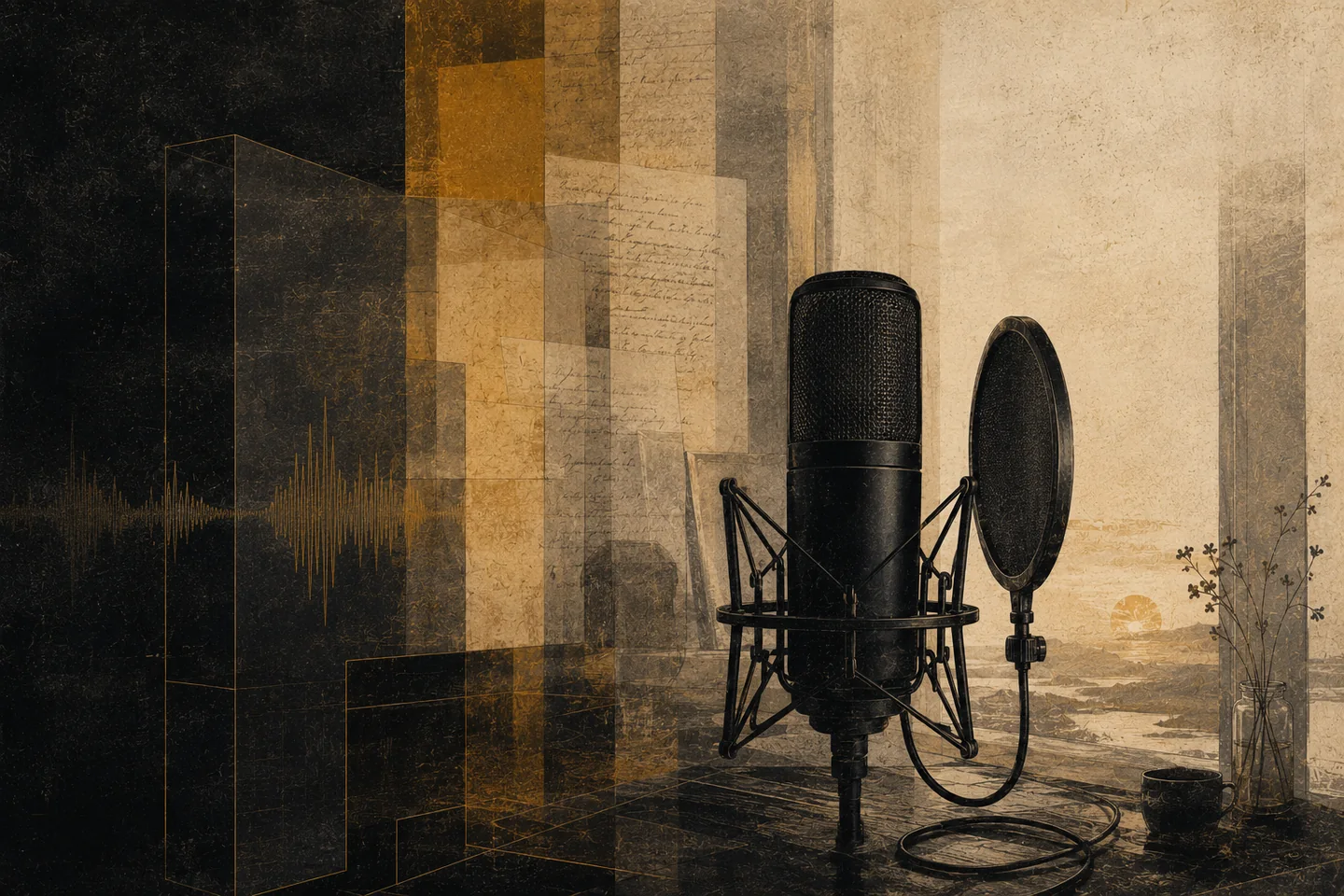 A studio microphone and pop filter stand among layered pages, amber light, and a drawn waveform