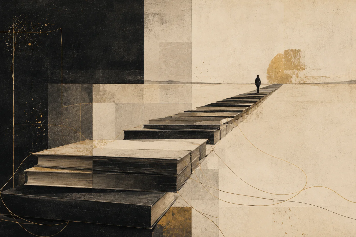 A road made of books leads toward a small figure and an amber sun