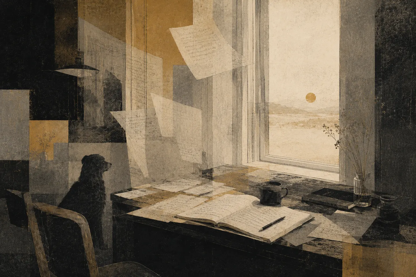 A writing desk arranged as a layered literary archive